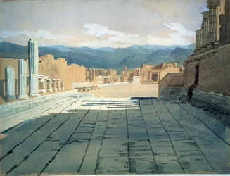 Pompei (Olaszország) (Pompei). Kilátás a római romok fórumára a Nápolyi-öbölben, a Vezúv előtt. Ivan Nyikolajevics Kramskoj (1837-1887) munkája, akvarell papíron