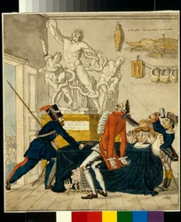 Napóleon Bonaparte (1769-1821) lopott holmikat árul, köztük a Laocoön csoportot - Ivan Ivanovics Terebenev (1780-1815) karikatúrája, tus és akvarell papíron