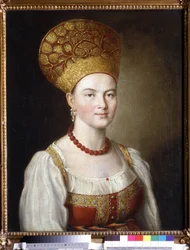 Orosz kosztümös nő portréja (Orosz ruhás női portré). Ivan Petrovics Argunov (Argunov) (1729-1802) festménye. Olaj, vászon, 67 x 53,6 cm