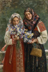 Vadvirágok. (MeadowFlowers). Egy anya és lánya, akik folklórruhájukban elegánsak, hajukat színes sállal takarják, vadvirágcsokrot tartanak a kezükben. Ivan Szemjonovics Kulikov (Koulikov) festménye (1875