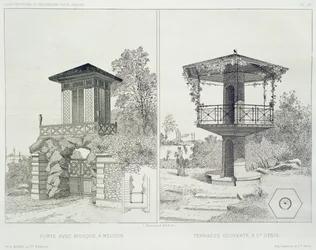 Portál kioszkkal, Meudonnal és fedett terasszal, St. Denis, különböző építészek terveiből készült kötetből, kocsma. Morel & Cie, Párizs, 1880 körül (rézkarc)