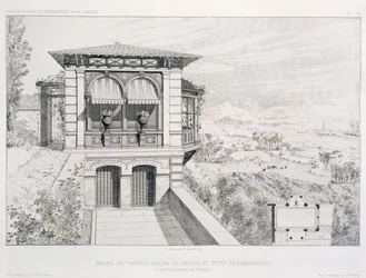 Gőzfürdők, fenti csillagvizsgáló, különböző építészek tervei kötetéből, kocsma. Morel & Cie, Párizs, 1880 körül