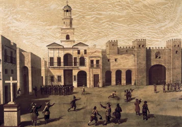 Kilátás a San Juan de Dios térre (Isten Szent János) és a cádizi városházára, 1596-ban. J.Garcia festménye (16.). Olajfestmény