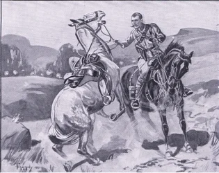 Brown őrnagy, 14. huszárok, liet Browns lovat erős tűz alatt tartva, illusztráció a Pretoria után: A gerillaháború, 1902