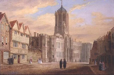 Oxford: Christ Church College nyugati homlokzata és a Tom-torony