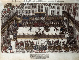 II. Henri torna és halála (1559. június 30.): lánya esküvőjén (jelenleg Place des vosges) harcolt Gabriel de Montgomery, skót gárdája kapitánya ellen, aki lándzsával a szemébe bántja. századi metszete Pe
