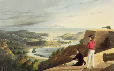 Kilátás az angol kikötőre, Antigua a Great George Fortból, Monks Hill, metszett T. Fielding, kocsma. T. und G. Underwood, 1827