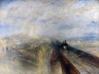 Eső, gőz és sebesség - A Nagy Nyugati Vasút; a festmény a Great Western Railway korai mozdonyt ábrázolja, amint Brunel közelmúltban elkészült Maidenhead vasúti hídján átkelt a Temzén. A festmény egy pillantást enged