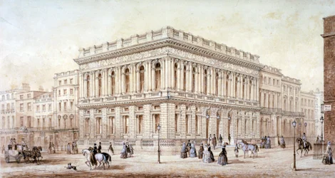 Kilátás a hadsereg és a haditengerészet klubjára a Pall Mall bevásárlóközpontban, Westminster, London, c1853