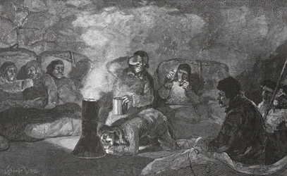 Téli kunyhónk belseje a Camp Clay-ben, főzés közben, 1883-as kocsma. London 1886