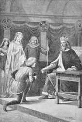 Gareth eljött, hogy a második kegyét kérje, hogy a király lovagjai közé tartozzon, és hogy segíthessen a hölgynek (litho).