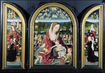 Szűz és gyermek muzsikáló angyalokkal és a Sampsons-Coolen családdal, Triptichon, 1500-1525