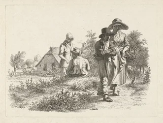 Vak nő és beszélgető alakok egy farmon Tanulmánynyomatok / Etudes gravées (sorozat címe)