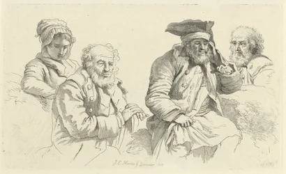 Tanulmányi lap három idős férfival és egy fiatal nővel Tanulmánynyomatok / Etudes gravées (sorozat címe)