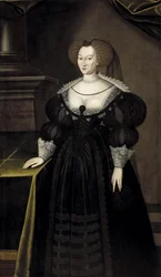 Marie Eleonore de Brandebourg, reine consort de Suede et de Finlande – Mária Eleonora brandenburgi hercegnő (1599-1655), svéd királynő portréja, Elbfas, Jacob Heinrich (kb. 1600-1664). Olajfestmény. Mérete: 174x102 cm. Stockholmi Nemzeti Múzeum