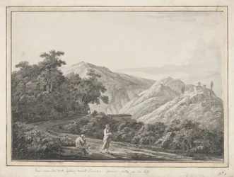 Kilátás a malom közelében, Licenza felé: Horaces Villa a bal oldalon, 1783 (szürke mosás tollal és fekete tintával a papíron)
