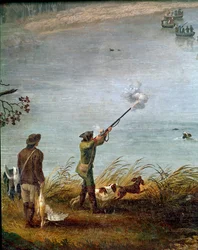 A két szicíliai I. Ferdinánd (vagy IV. Nápolyi Ferdinánd) szárcsavadászata (1751-1825) a Fusaro-tavon Nápoly mellett, Olaszország (IV. Ferdinánd szárcsa vadászata a Fusaro-tavon) Részlet – Jacob Philipp Hackert festménye dit Hackert d