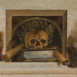 Vanitas Csendélet koponyával babérkoszorúval, könyvvel és két égő gyertyával