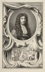 Savile, Halifax márki portréja, illusztráció a „Nagy-Britannia jeles személyeinek vezetői”, kocsma. Írta: Knapton, London, 1742