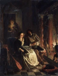 ""Le Rendez vous"" (Rendezvous) A csábítás jelenete, egy fiatal lány, akinek egy úriember udvarol, aki a kandalló mellett kinyilvánítja szerelmét. Jacob Joseph Eckhout (1793-1861) festménye 1852 Fehérorosz Köztársaság Állami Művészeti Múzeuma, Minszk, Fehé