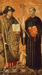 Compostelai Szent Jakab képviselteti magát pelerinben a bottal, kalappal és kagylóval. és Szent Gilles, a remete (7. század), 1450 körül (tempera és olaj, tábla)