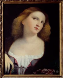 Női portré Jacopo Palma il Vecchio (1480-1528) vászonra transzponált fára festménye 1513 Dim. 0,48 x 0,38 m Lyon, Musee des Beaux Arts