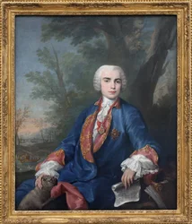 Carlo Broschi szoprán kasztrált énekes, Farinelli néven ismert (1705-1782). Az énekes a Calatrava-rend érmét viseli; a kezében tartott kottán Gaetano Latilia Zenobia című operájának néhány üteme látható.