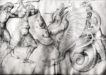 Harcosok és egy sárkány csatája, 1450 körül (tinta pergamenre)