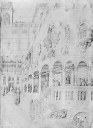 A zászlózás, Jacopo Bellini rajzalbumából (toll és tinta pergamen)