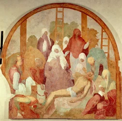 A lerakódás, részlet Giacomo Carucci, Pontormo (1494-1556) Freskó Passió Ciklusából, freskó, 300x290 cm Certosa di Galluzzo, Firenze