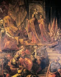 A pápa és a velenceiek nagykövetei hiába esedeznek Barbarossához a békéért, Jacopo Tintoretto (1519-1594) és műhelye, Nagy Tanácsterem, Dózse Palota, Velence. Olaszország