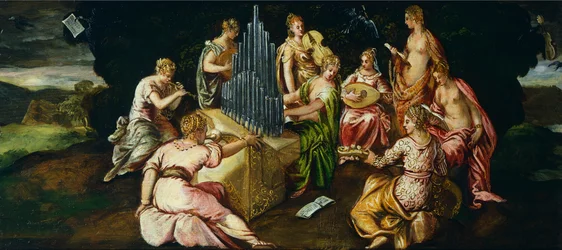 Múzsák és Pierides verseny, Jacopo Robusti, Tintoretto (1519-1594), olajtábla, 46x91 cm