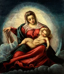 Madonna és gyermek egy mandorlában a félholdon és a felhőkön, a bölcsesség könyvével