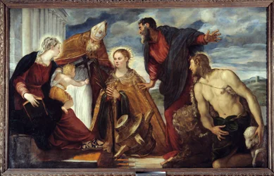 A Szűzanya és a Gyermek Szent Katalinnal, Szent Ágostonnal, Szent Márkkal, Keresztelő Szent Jánossal Jacopo Robusti festménye dit Il Tontoretto (a Tintoret) 1549 V. 1,93x3,14 m Lyon, Musee des Beaux Arts