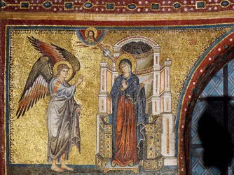 Angyali üdvözlet, részlet a Mária megkoronázása és Mária történetei című műből, Jacopo Torriti alkotása, mozaik az apszis félkupolájában, Santa Maria Maggiore-bazilika, Róma, Olaszország