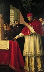 Michelangelo bemutatja a San Lorenzo homlokzatának, a Laurentianus könyvtárnak és a Medici-síroknak a modelljeit X. Leó pápának és Giulio de Medici bíborosnak.
