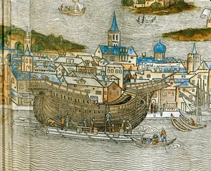 Gálya építése egy velencei hajógyárban, a Peregrinatio in Terram Sanctam című, először 1486-ban latinul kinyomtatott műből... (fametszet).