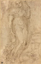 Allegorikus figura macskával és disznóval, 1530 körül (tollrajz)