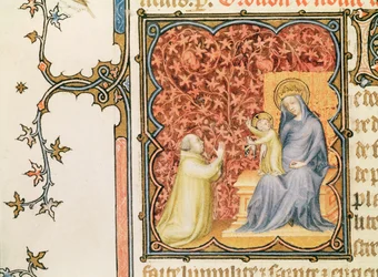 Ms Lat 18014 Jean de France (1340-1416) Berry hercege imádkozik a Szűzanya és a gyermek előtt, a Les Petites Heures de Duc de Berry-ból, 1385-90 körül.