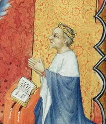 Ms Lat 18014 Jean de France 1340-1416 Berry hercege imádkozik az Örök Atya előtt, Les Petites Heures de Duc de Berry, 1385-90 körüli 159990 vellum részlet