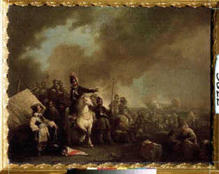 ""A katonai tábor az ostrom alatt"" (Katonai tábor az ostrom alatt) Jacques Courtois dit le Bourguignon festménye (1621-1676) 17. századi Állami Szabadtéri Múzeum Carskoje Selo, Szentpétervár