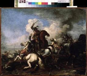 ""Le combat de chevaliers"" (lovassági harc) Jacques Courtois (1621-1676) festménye, 17. századi Mikhail Kroshitsky Művészeti Múzeum, Szevasztopol (Szevasztopol) Ukrajna