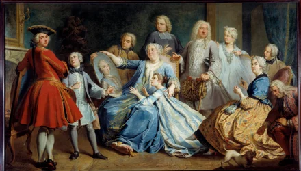 Madame Mercier, XV. Lajos ápolónőjének portréja, családjával körülvéve. Jacques Dumont festménye, dit le Romain (1701-1781)