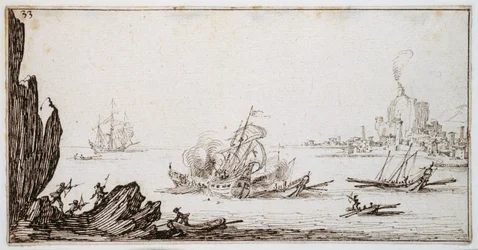 Egy gálya döngölte a hajók közepén egy hadiember vitorla alatt, a kikötő látószögében, 1617 körül (toll és barna tinta a papíron)