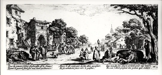 Halál az út mellett, 16. tábla a „A háború nyomorúságai és szerencsétlenségei”-ből, Izrael Henriet (1590-1661 körül) metszetében, 1633
