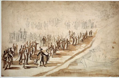 XIII. Lajos (1601-1643) és Richelieu (1585-1642) a Ré-sziget csapatainak osztályán jártak. Jacques Callot rajza (1592-1635)