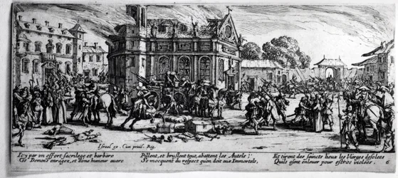 Egy kolostor pusztulása, 6. tábla „A háború nyomorúságai és szerencsétlenségei”-ből, Izrael Henriet (1590-1661 körül) metszetében, 1633