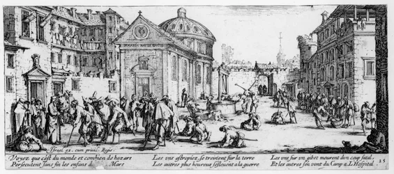 A Kórház, A háború nyomorúságai és szerencsétlenségei című könyv 15. táblája, Izrael Henriet metszete (kb. 1590-1661) 1633