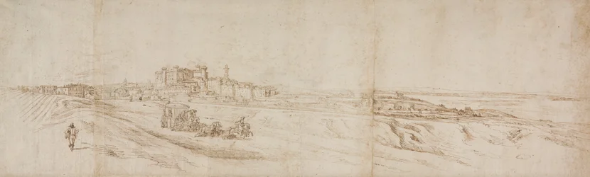 Kilátás a Castello Bracciano-ra, Róma közelében, kocsival és figurákkal