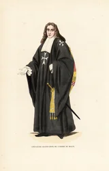 Hospitaller Lovagrend Nagykeresztje, Máltai Lovagrend, Jeruzsálemi Szent János Kórház Lovagrendje, Chevalier Grand-Croix de l’Ordre de Malte. Kézi színű fatömb-metszet Jacques Charles Bar illusztrációja után, Abbot Tiron